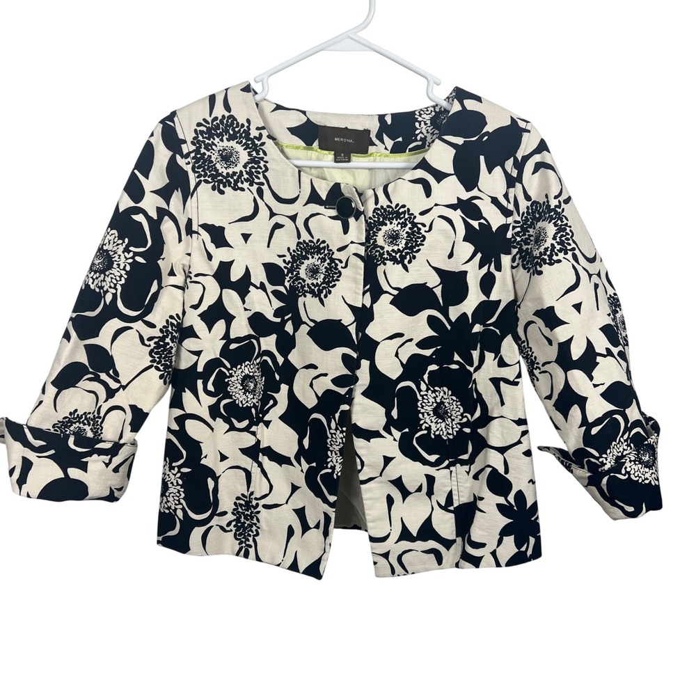 Merona Womens Black White Floral Print Cropped Jacket 3/4 Sleeve Size Small